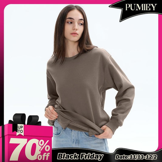 PUMIEY Women's Oversized Sweatshirt Fleece Crew Neck Long Sleeve Pullover with Pockets, 66.4% Polyester, Casual Style for Fall and Winter Minimalist