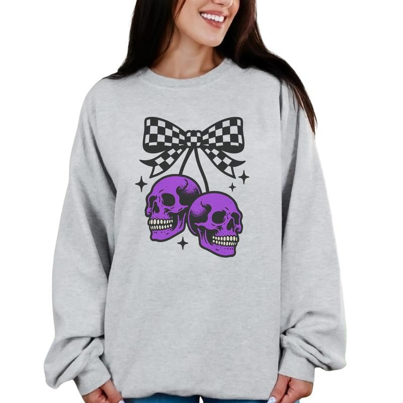 PURPLE SKULL CHERRIES WITH CHECKERED BOW Long Sleeve Crewneck Sweatshirt T Shirt or Hoodie Casual Poly Cotton Blend Graphic Design Unisex Fit Pullover Top Gothic Womenswear Comfy Statement Style Everyday