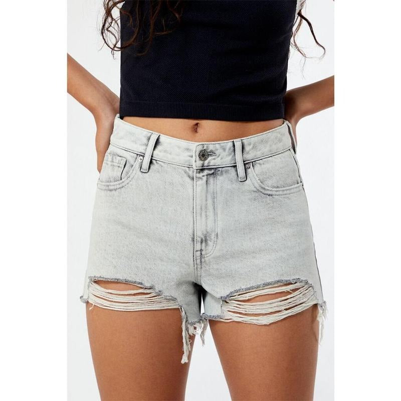 PacSun Women's Eco Light Gray Ripped High Waisted Denim Festival Shorts T-Shirts, Hoodie, Sweatshirt | DripVista.com