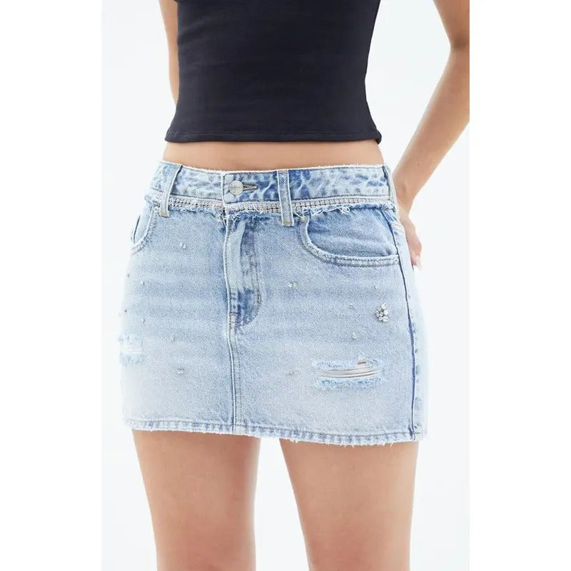 PacSun Women's Light Indigo Rhinestone Mid Rise Denim Mini Skirt - Multicolor T-Shirts, Hoodie, Sweatshirt | DripVista.com