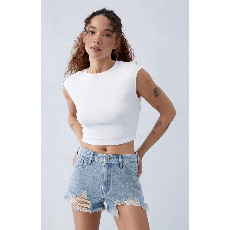PacSun Women's Light Indigo Rhinestone Ripped High Waisted Denim Festival Shorts T-Shirts, Hoodie, Sweatshirt | DripVista.com