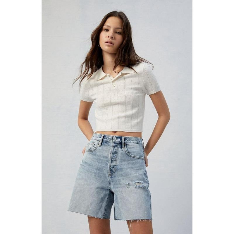 PacSun Women's Light Indigo Ripped Denim Dad Jorts T-Shirts, Hoodie, Sweatshirt | DripVista.com