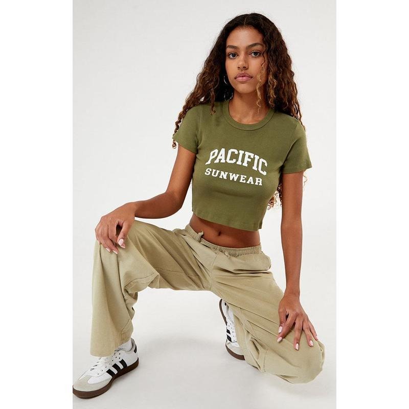 PacSun Women's Olive Pacific Sunwear Baby T-Shirt Hoodie, Sweatshirt | DripVista.com
