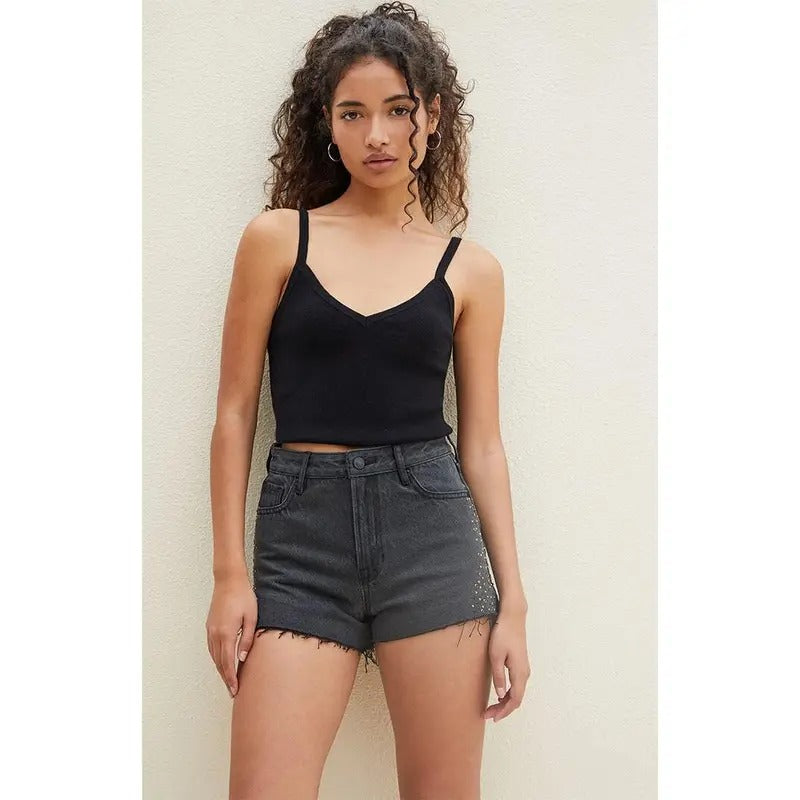 Pacsun Women's Black Rhinestone High Waisted Denim Festival Shorts T-Shirts, Hoodie, Sweatshirt | DripVista.com