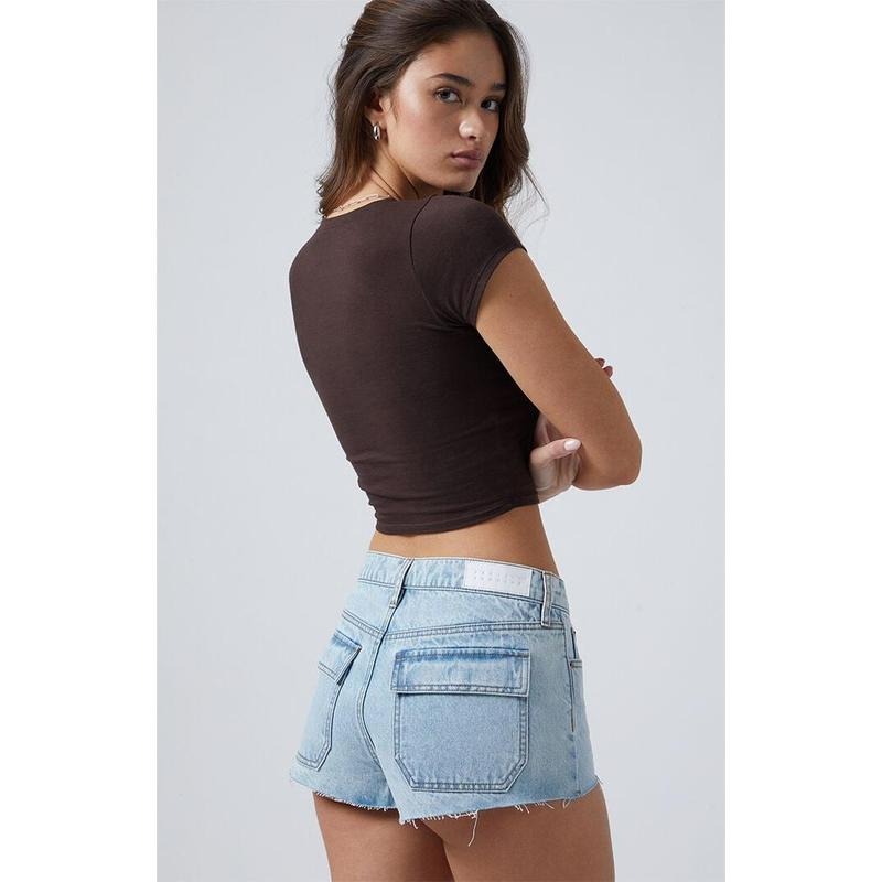 Pacsun Women's Light Indigo Flap Pocket Micro Denim Shorts T-Shirts, Hoodie, Sweatshirt | DripVista.com