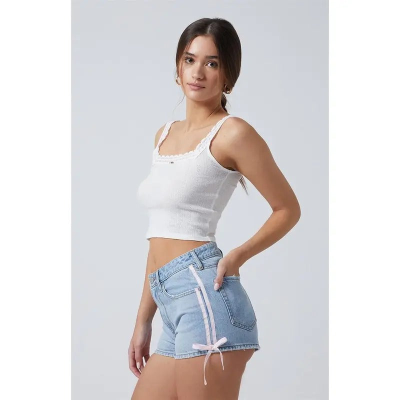 Pacsun Women's Light Indigo Side Stripe Bow High Waisted Denim Festival Shorts T-Shirts, Hoodie, Sweatshirt | DripVista.com
