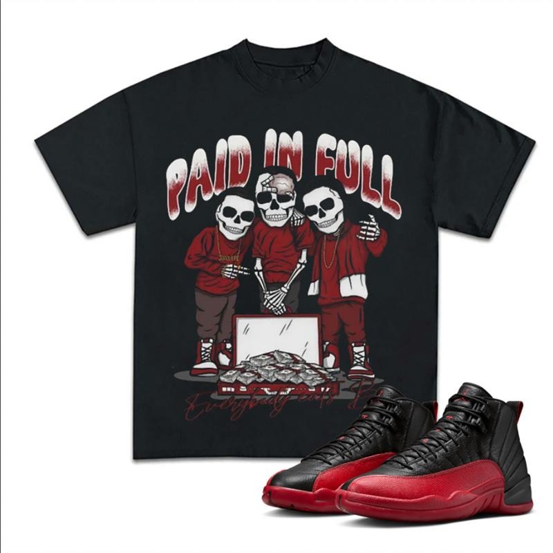 Paid In Full Match 12 Flu Game Sneakers, Unisex Y2K Graphic Tee, Cotton T-shirt, Fitted Crewneck for Streetwear Lovers...