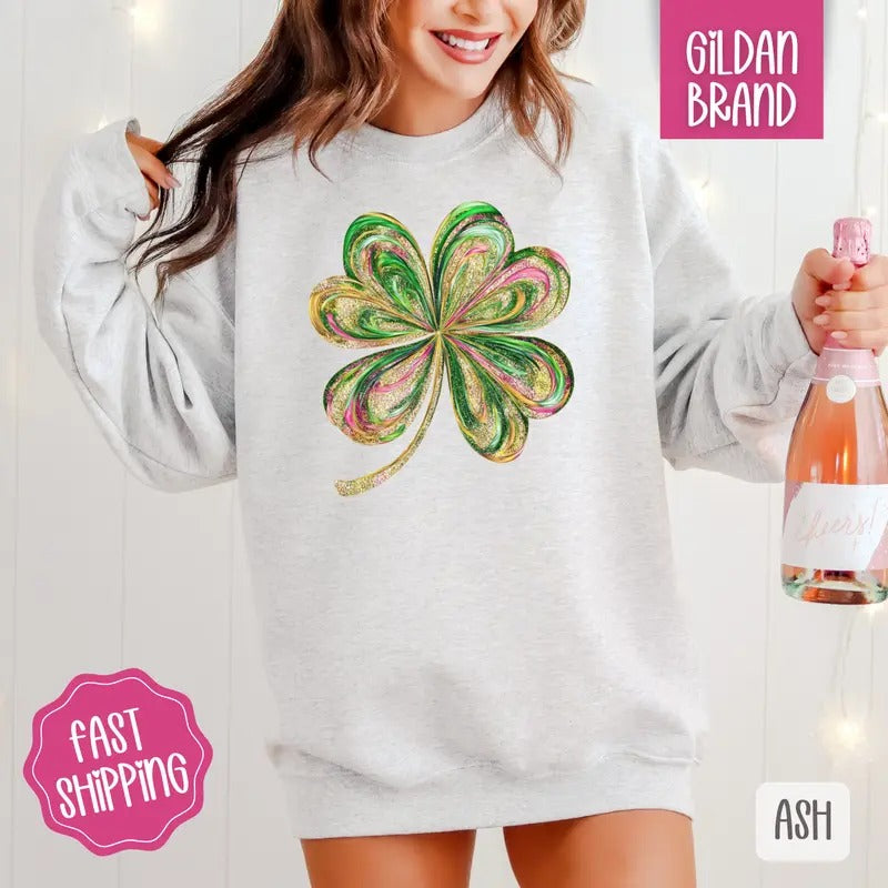 Painted Clover Sweatshirt, St Patrick's Day Crewneck, Cute Women's Sweater T-Shirts, Hoodie | DripVista.com