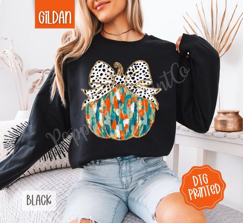 Painted Pumpkin Sweatshirt, Trendy Coquette Fall Crewneck T-Shirts, Hoodie | DripVista.com