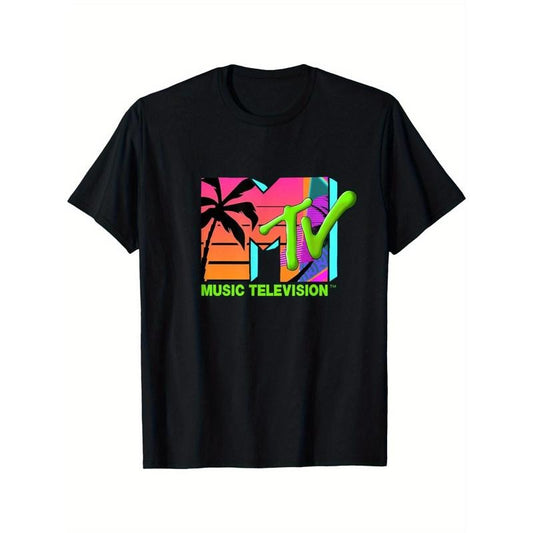 Palm Tree Retro Tee, 100% Cotton, Crew Neck, Short Sleeve, Medium Stretch, Geometric-Pattern, Regular Fit, Knit Fabric, with All-Season Comfort for Music Television Fans Made in USA
