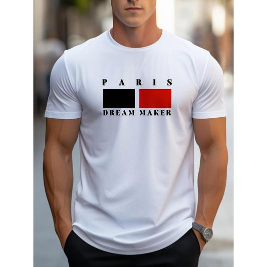 Paris Dreamer Maker Mens Graphic T-Shirt - Bold Print, Short Sleeve, Breathable Crew Neck, Trendy Casual Summer Wear for Outdoor Adventures Made in USA