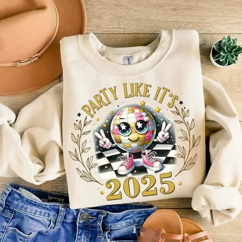 Party Like It's 2025 New Year Cute Disco Ball Sweatshirt, New Year New Me, Hello 2025 Shirt Hoodie | DripVista.com