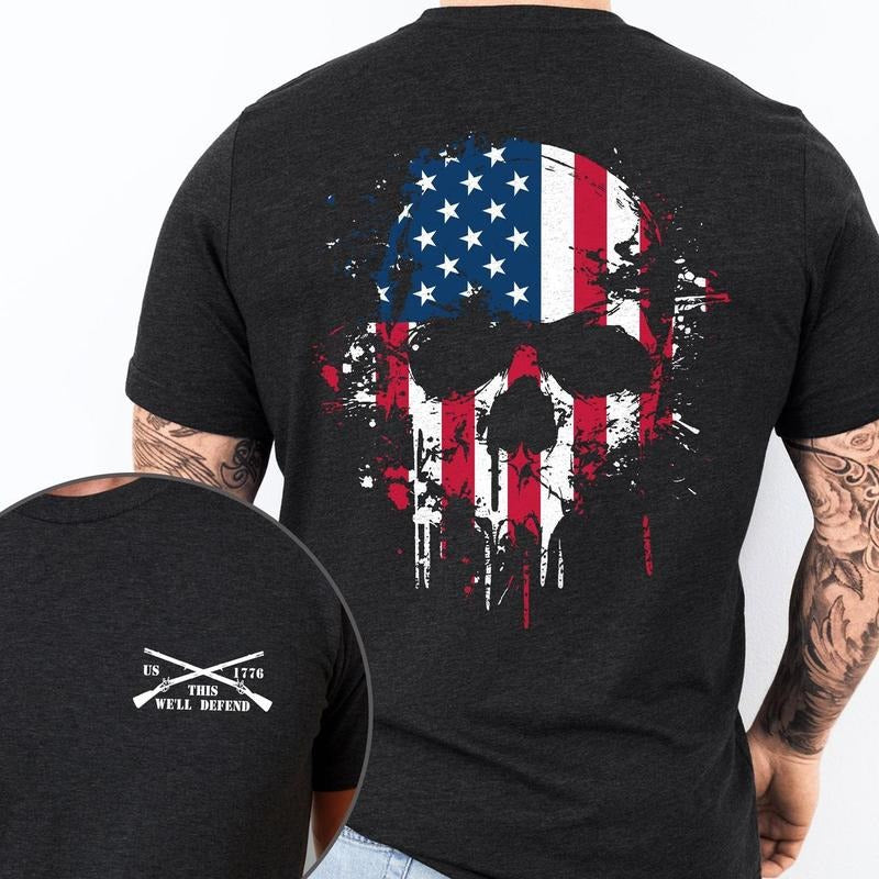 Patriotic American Skull T-shirt, Regular Fit Street Round Neck Short Sleeve Shirt,Menswear, TNF'WB shield Day...