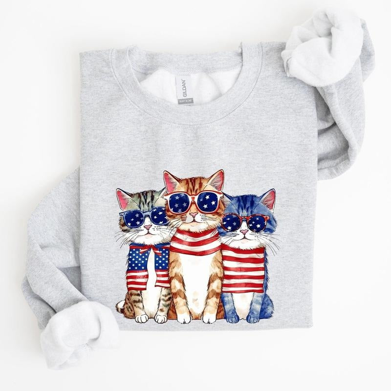 Patriotic Hippie Cats, Funny,  4th of July Sweatshirt, Women's Crew Neck, Crewneck T-Shirts, Hoodie | DripVista.com