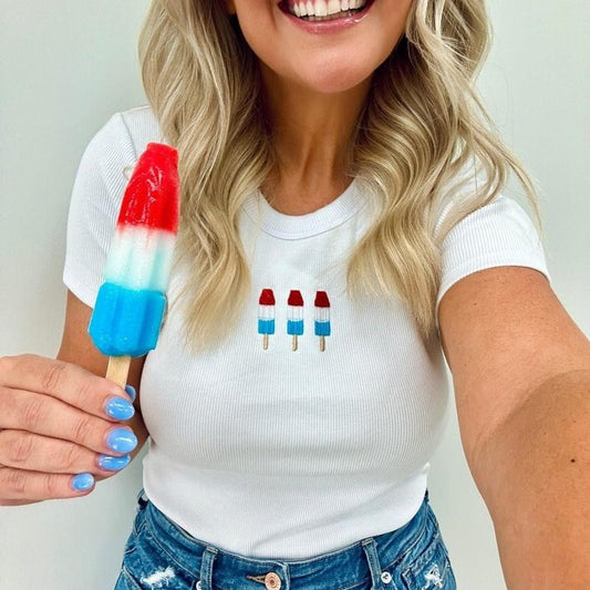 'Patriotic Popsicles' Embroidered Ribbed Tee