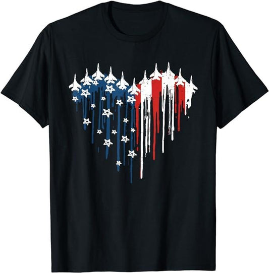 Patriotic Shirts For Men, Retro Fighter Jet Airplane American Flag Heart 4th Of July T-Shirt Menswear Top Casual Cotton Basic Fashion