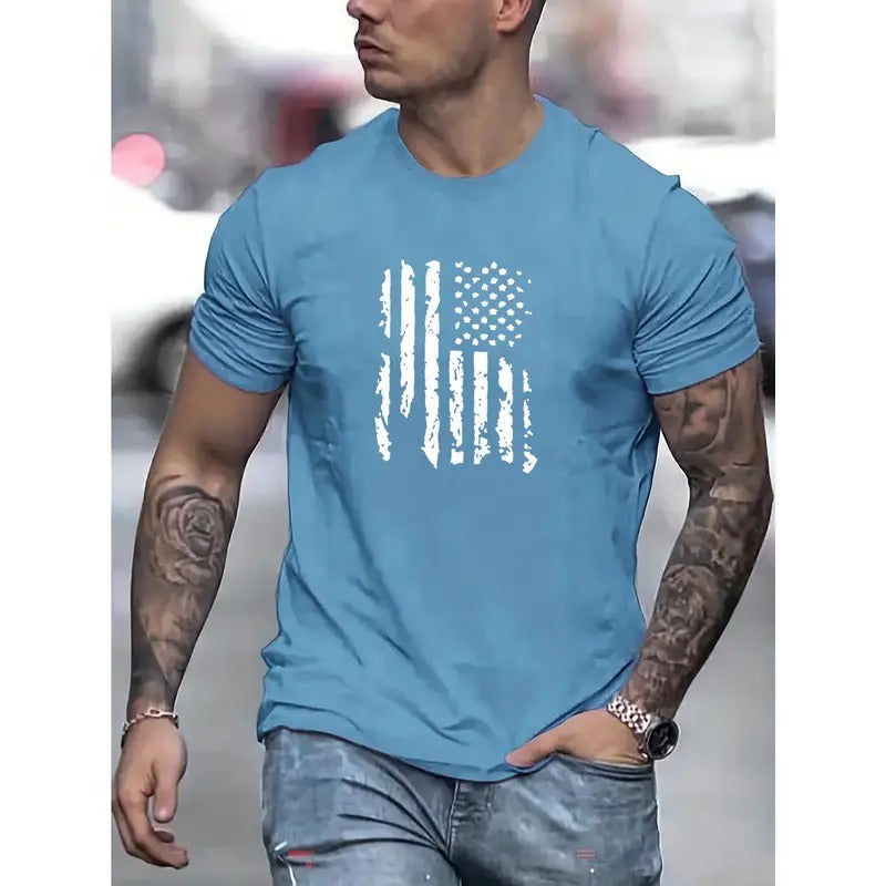 Patriotic Summer Tee - Men's Casual Short Sleeve T-Shirt with Vibrant US Flag Print, Perfect for Daily Wear & Fourth of...