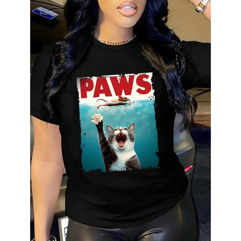 Paws Print Crew Neck T-Shirt, Casual Short Sleeve T-Shirt For Spring & Summer, Women'WB shield Clothing Hoodie, Sweatshirt