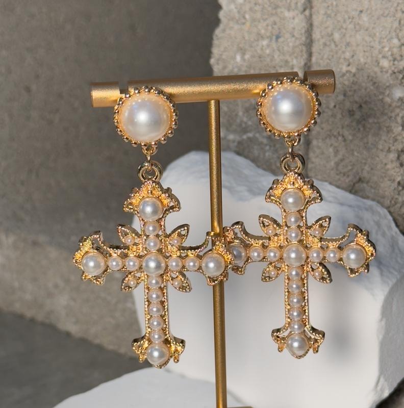 Pearl Cross Gold Earrings with Detailed Pearl Accents and Elegant Design T-Shirts, Hoodie, Sweatshirt | DripVista.com