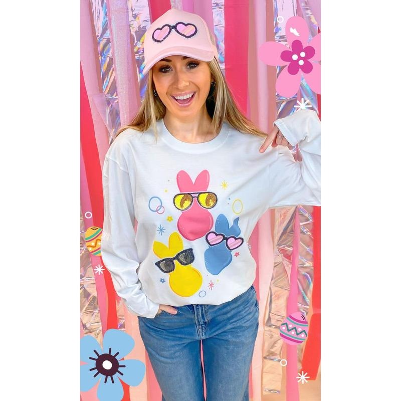 Peeps with Sequin Sunglasses Easter Graphic Long Sleeve T-Shirt Hoodie, Sweatshirt | DripVista.com