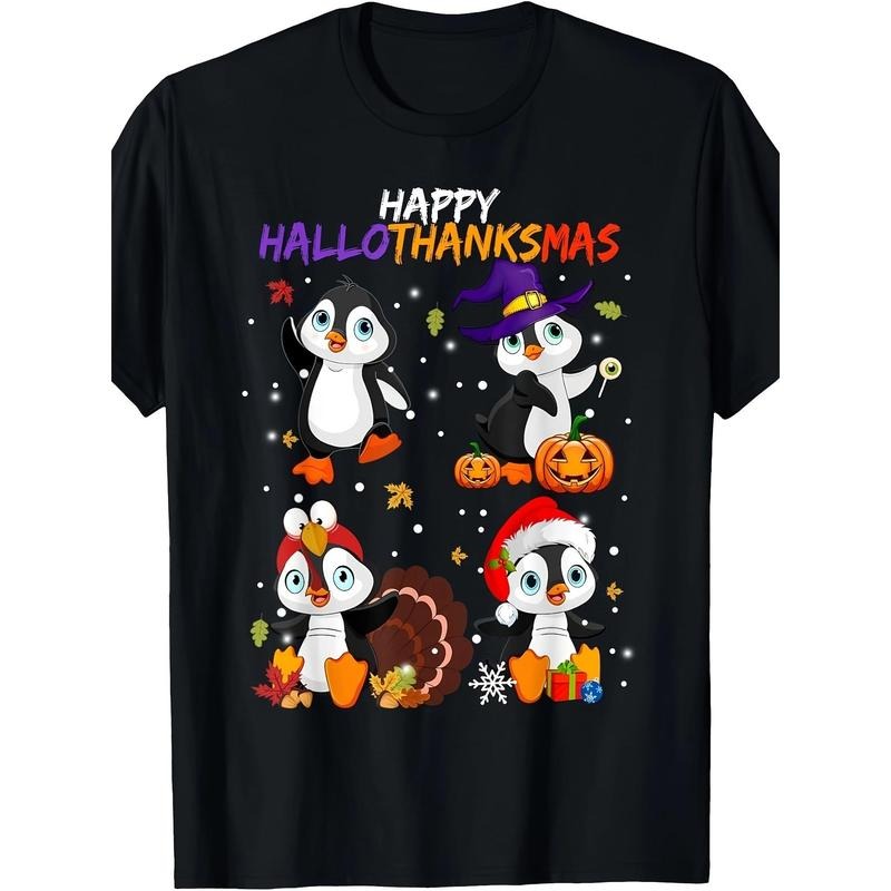 Penguin Happy Hallothanksmas Halloween Thanksgiving Xmas T-Shirt Made in USA Hoodie, Sweatshirt | DripVista.com