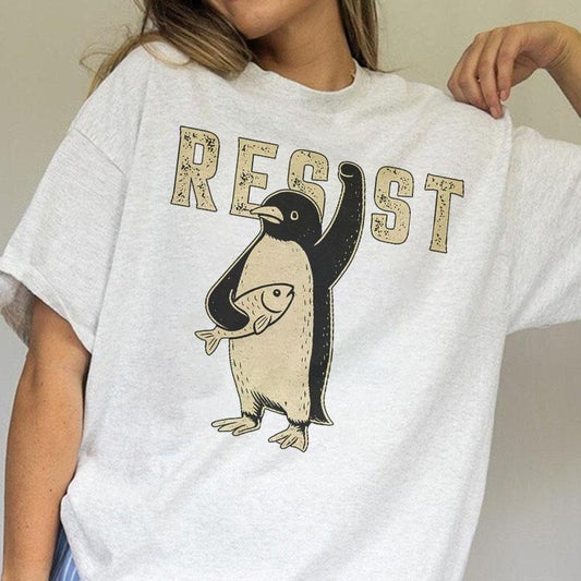 Penguin Resist T-Shirt - Unique Fish Design Shirt, Soft Cotton for Casual Wear and Protest Style, Comfortable Cotton, Anti Tru.mp Anti Fascist Resist FDT Protest Democrat Gift, Streetwear, Everyday Wear, Trendy Clothing\