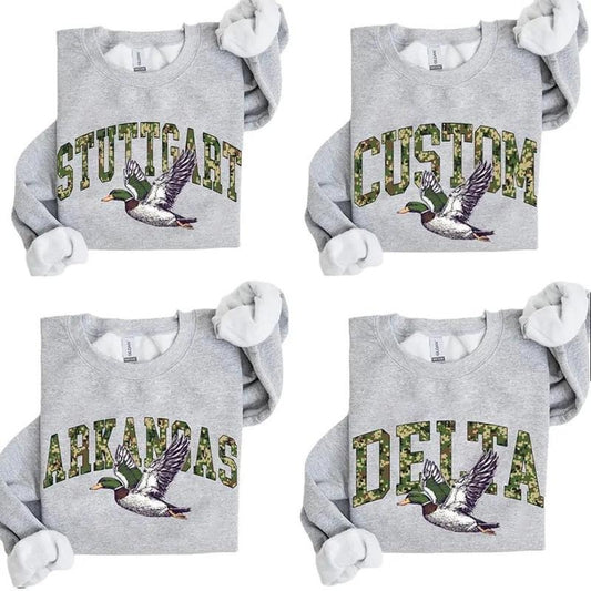 Personalized Camo Flying Mallard Duck State Name Hunting Camouflage Unisex Vintage Pullover Sweatshirt Personalize, Custom Text, Cotton