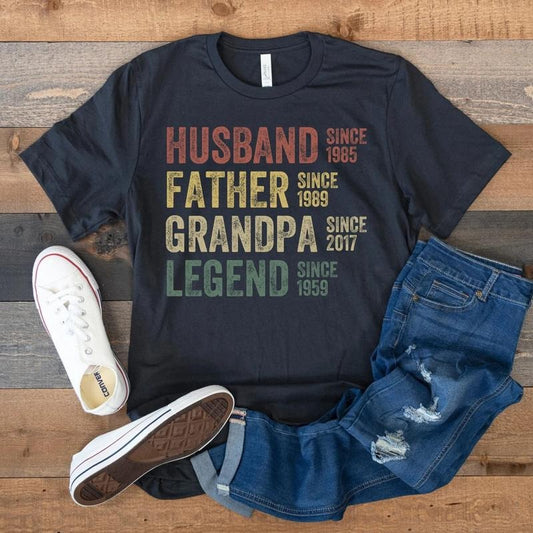 Personalized Dad Grandpa Shirt, Father's Day Shirt, Husband Father Grandpa Legend, Grandfather Custom Dates, Funny Dad Birthday Gift for Men Menswear Top