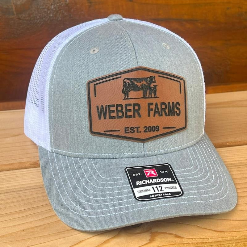 Personalized Farm Name Hat| Cow and Calf Leather Patch Trucker Hat | Snapback Richardson 112 Hat Cattle | Ranch Farm Name...