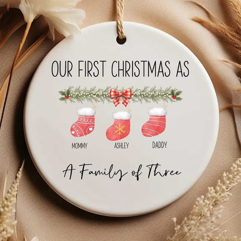 Personalized First Christmas As Family of 3 Ornament - Acrylic Ribbon Decoration T-Shirts, Hoodie, Sweatshirt | DripVista.com