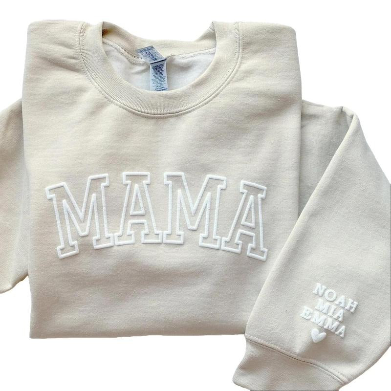 Personalized Mama Puff Print Sweatshirt with Kid Names on Sleeve, Mothers Day Gift, Birthday Gift for Mom, New Mom Gift,...