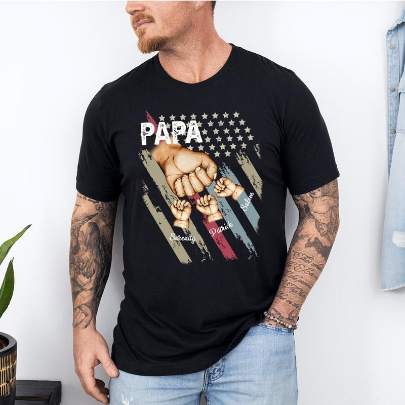 Personalized Papa Grandpa Shirt With Grandkids name Hands Flag T-Shirt,Custom Dad Raised Fist Bump Shirt, Custo Grandpa Father Day Gift 2024