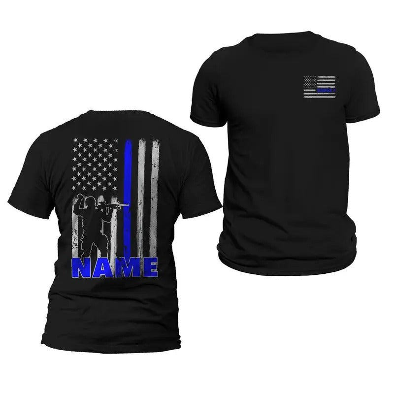 Personalized Police Officer Thin Blue Line Flag T-Shirt with Custom Name and Badge Option - Classic, Casual Cotton Crewneck