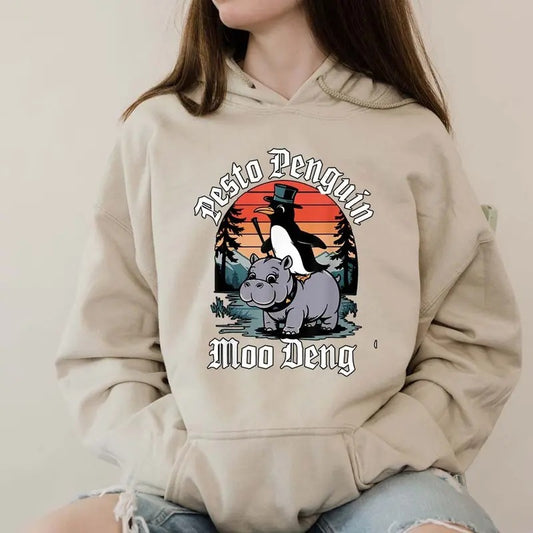 Pesto The Penguin And Moo Deng The Baby Hippo Funny Hoodie Casual Street Style Fleece Pullover Hooded Sweatshirt Tops Trendy For Women For Men, Perfect Gift