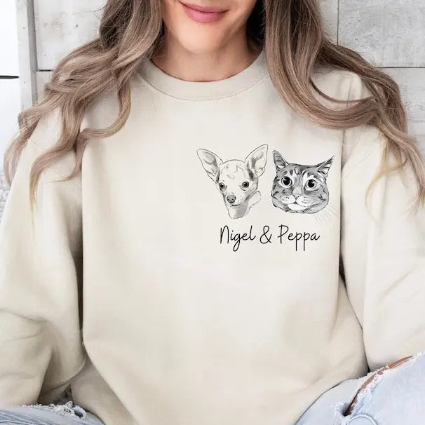 Pet Sweatshirt with Personalized Pet Sketch | Cozy Gift for Pet Lovers T-Shirts, Hoodie | DripVista.com
