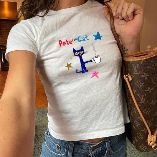 Pete the Cat Cool Cat Baby Tee, Pete the Cat Drinking Coffee, Children's Nostalgia Merch, Trendy Baby Tee, Coquette Vintage Design