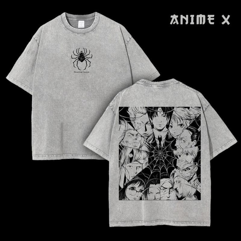 Phantom Troupe Hunter Big red N streaming Hunter Anime Double Printed Washed T-Shirt Unisex Mineral Anime Manga Washed...