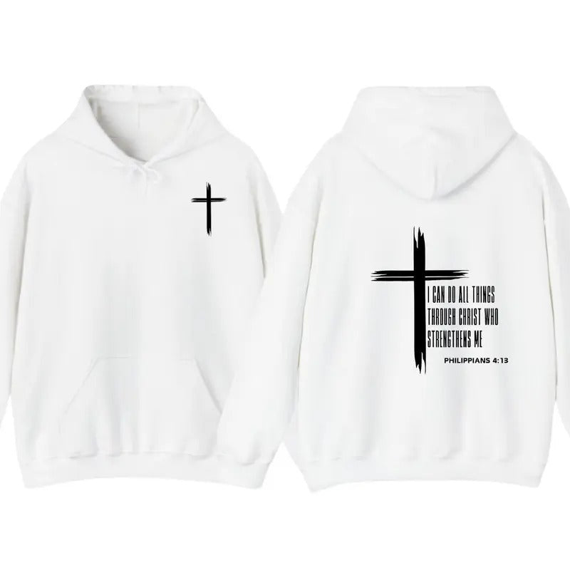 Philippians 4:13 Inspirational Christian Hoodie for Men - Bold Cross & Uplifting Verse T-Shirts, Sweatshirt | DripVista.com