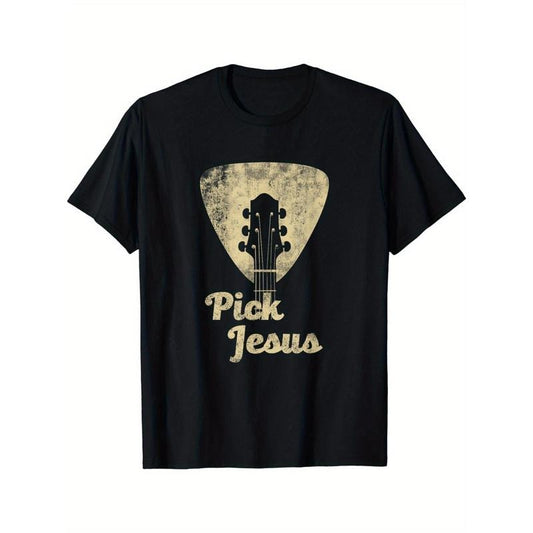 [Pick Jesus Guitar Tee] Black Cotton "Pick Jesus" Guitar Graphic T-Shirt - Music Pastor Casual Tee with Distressed Design, Round Neck, All-Season Wear - Ideal Easter Gift for Adults, Guitar Shirt Made in USA