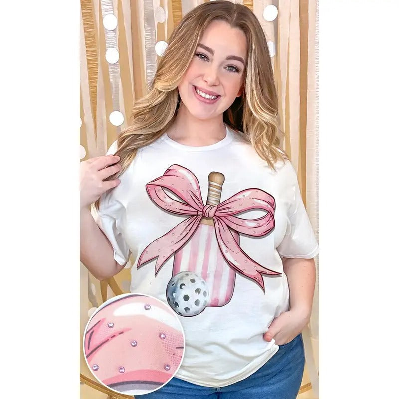 Pickleball Pink Bow Rhinestone Graphic Shirt Hoodie, Sweatshirt | DripVista.com