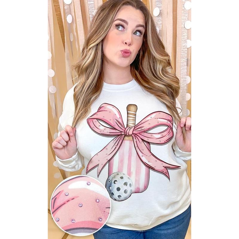 Pickleball Pink Bow Rhinestone Graphic Sweatshirt T-Shirts, Hoodie | DripVista.com