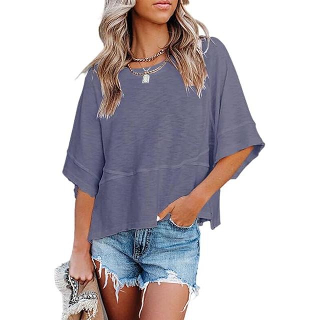 PiePieBuy Women'WB shield 2025 Autumn Casual Crewneck Batwing Half Sleeve T-Shirts Solid Color Loose Fit Cute Basic Flowy...