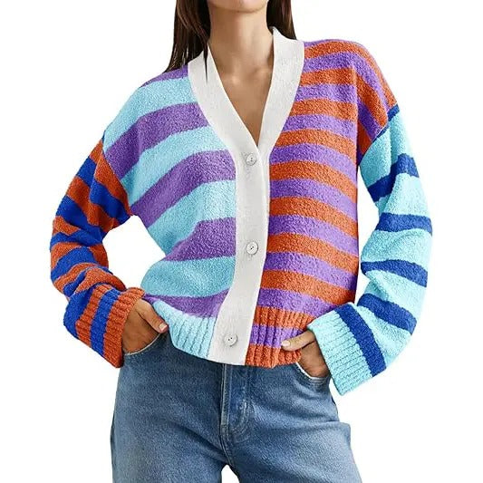 PiePieBuy Womens Striped Cardigan Sweaters Superhero team Neck Open Front Button Up Color Block Fuzzy Loose Knit Coats...