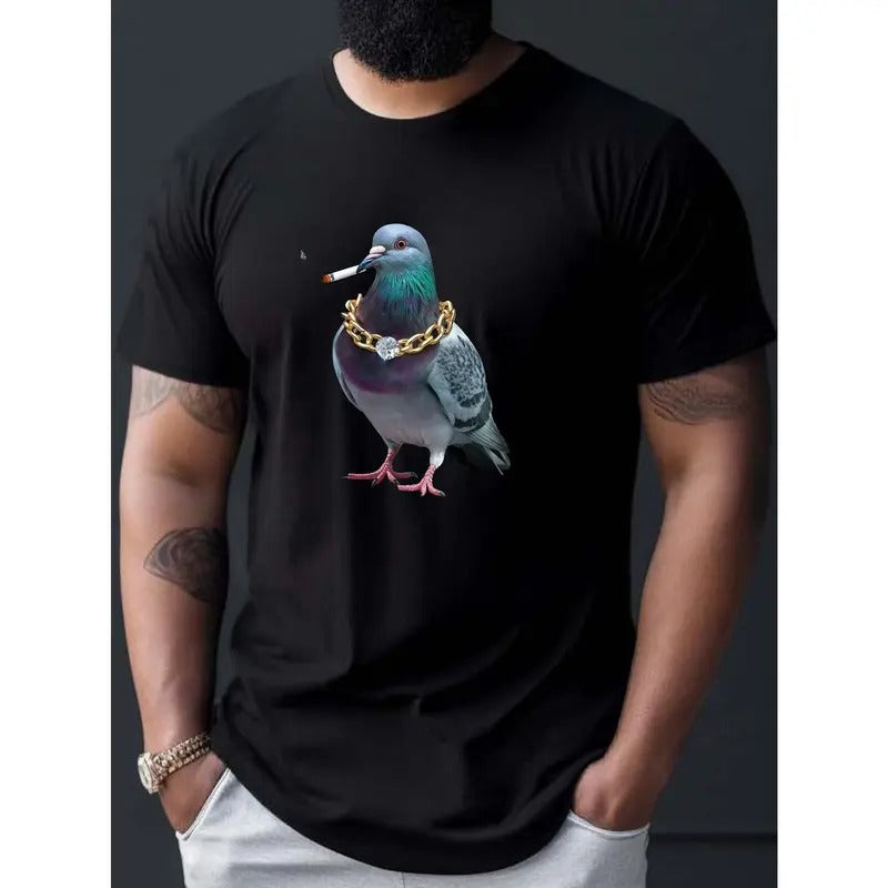 Pigeon Graffiti Print Tee Shirt, Tees For Men, Casual Short Sleeve T-shirt For Summer  Made in USA