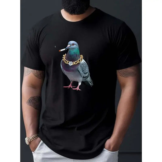 Pigeon Graffiti Print Tee Shirt, Tees For Men, Casual Short Sleeve T-shirt For Summer  Made in USA
