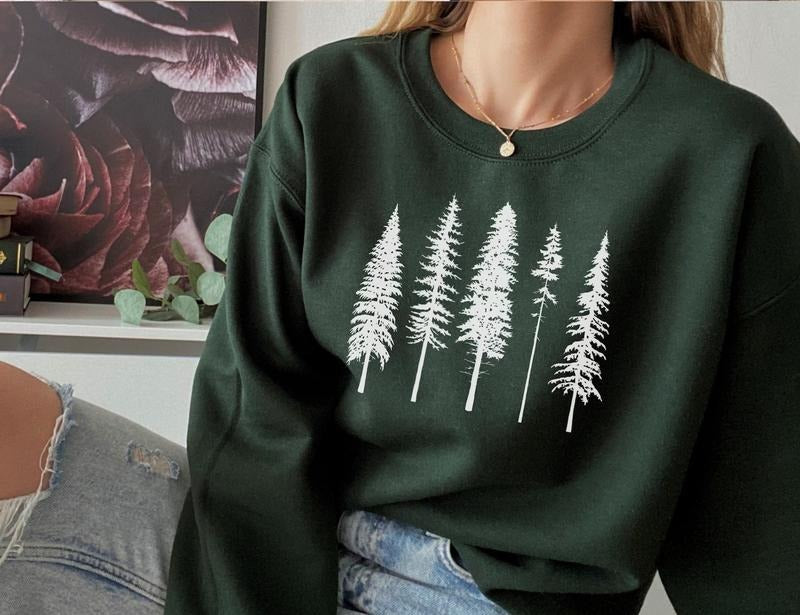 Pine Tree Crewneck Sweatshirt, Evergreen Trees, Forest Sweatshirt, Trees Sweater, Gift for Nature Lover, Camping...