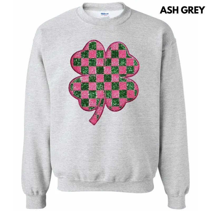 Pink & Green Checkered Shamrock Patch Sweatshirt T-Shirts, Hoodie | DripVista.com