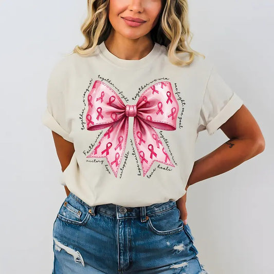 Pink Bow Breast Cancer Tshirt, Breast Cancer Ribbon Pink Sweatshirt Cotton Crewneck