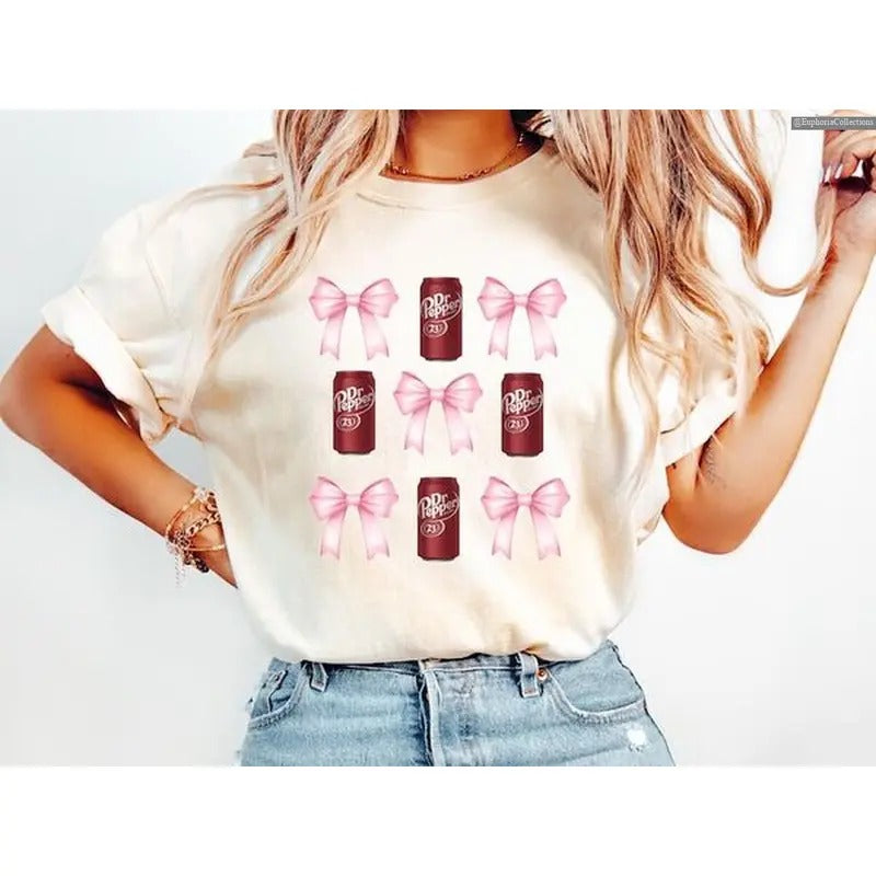 Pink Bow Coquette #DrPepper Sweatshirt, Cute Pink Soda Drink Shirt, T-Shirt, Aesthetic Girly Tee, Pink Bow Collage...