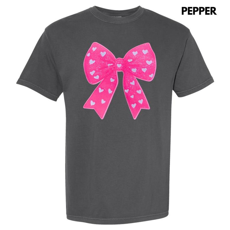 Pink Bow Heart Sequin Patch Comfort Colors T-Shirt Hoodie, Sweatshirt | DripVista.com